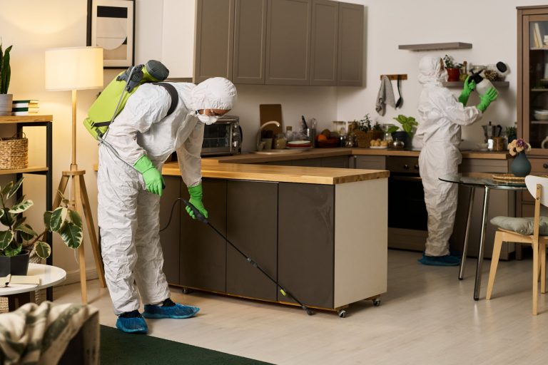 Worker in protective suit spraying disinfectant in a kitchen while another wipes a shelf
