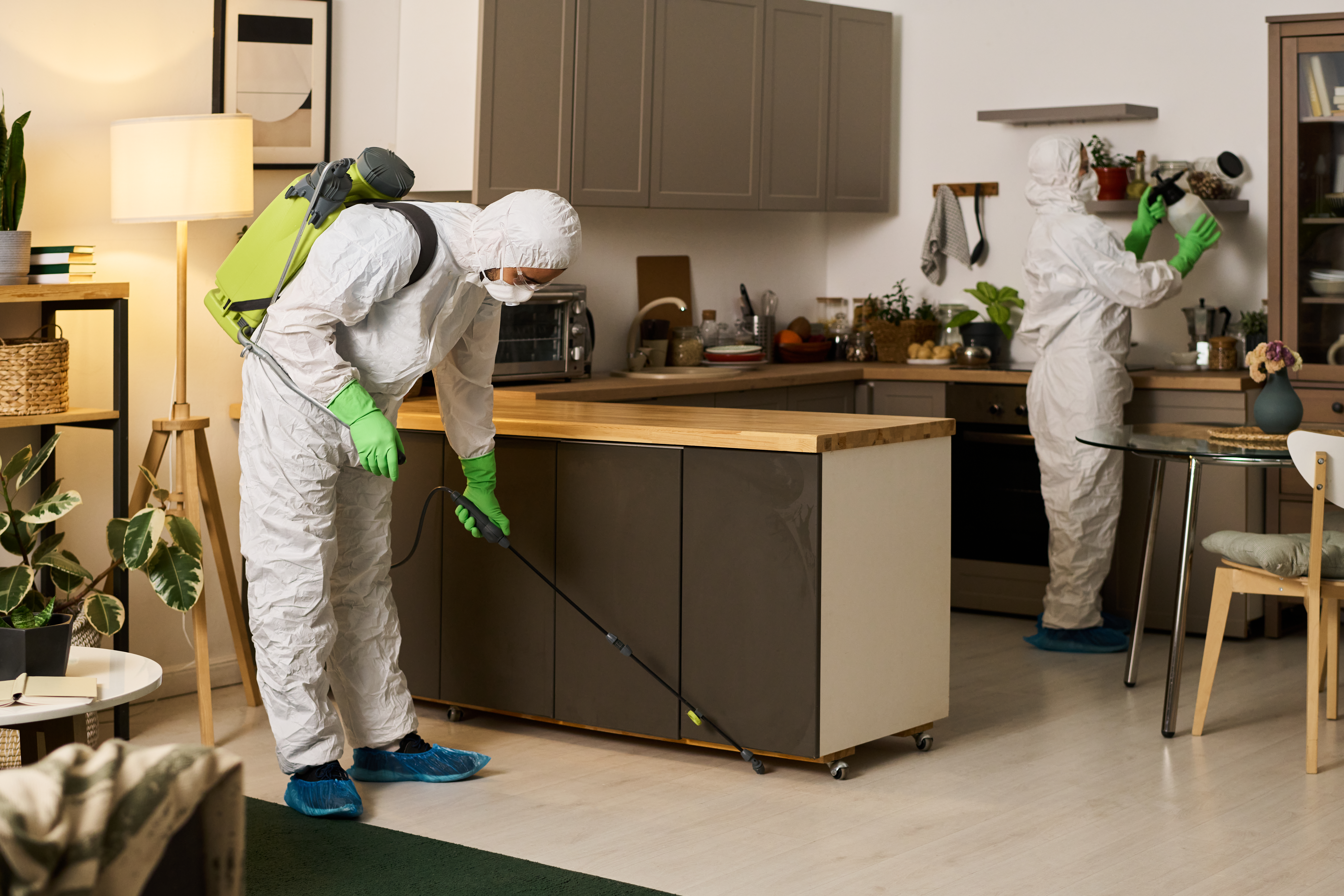 Worker in protective suit spraying disinfectant in a kitchen while another wipes a shelf