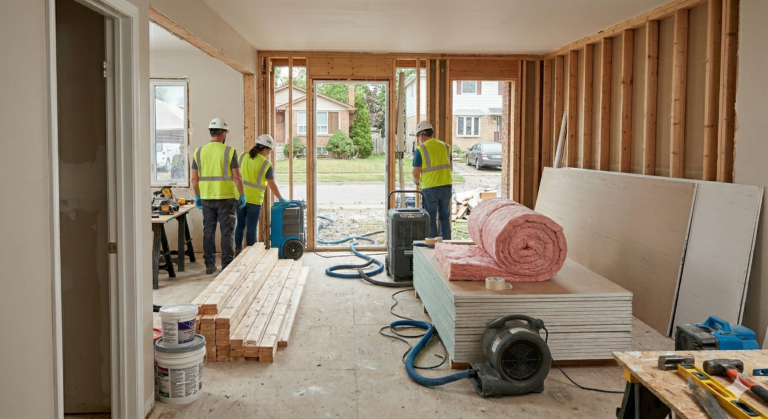 Construction workers inside a home during restoration work with building materials and equipment