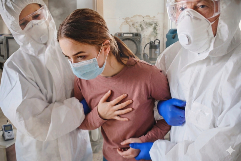 Two workers in protective suits assisting a masked person indoors