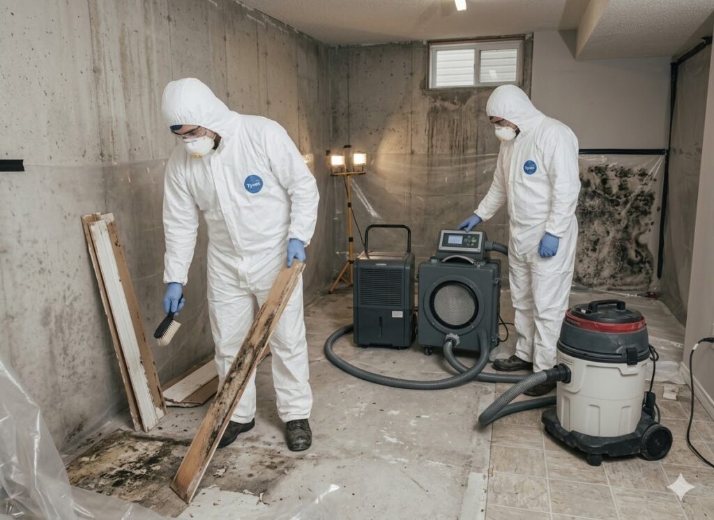 Workers in protective suits with drying equipment in a damaged basement