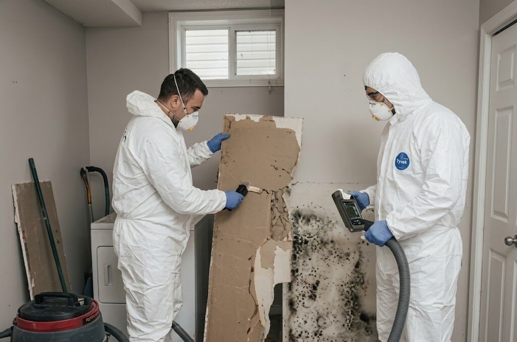 Workers in protective suits inspecting mouldy drywall in a basement
