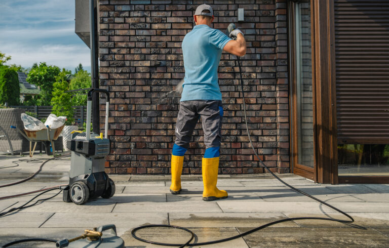 Person pressure washing a brick exterior wall