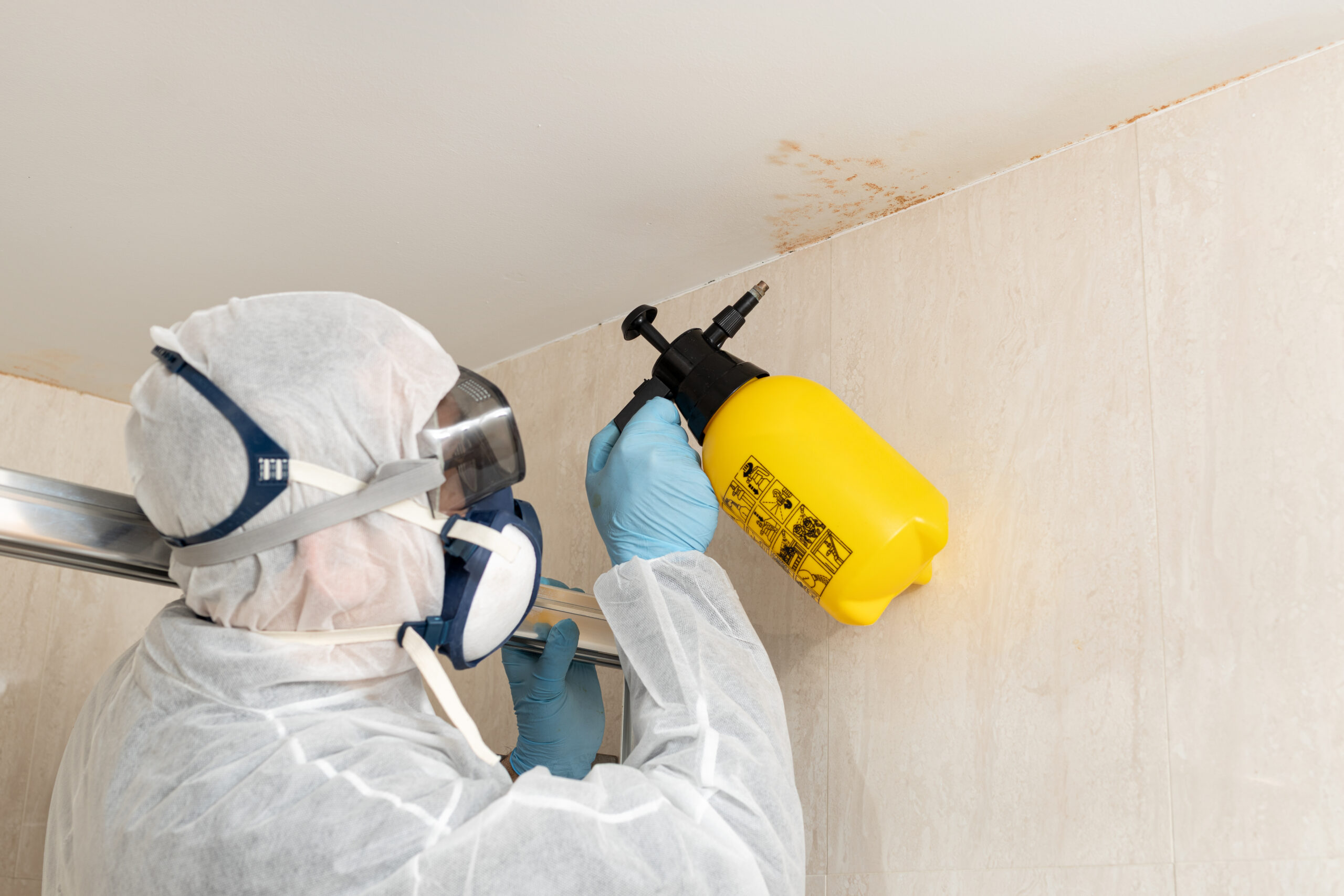 Worker in protective gear spraying a bathroom wall with mould staining