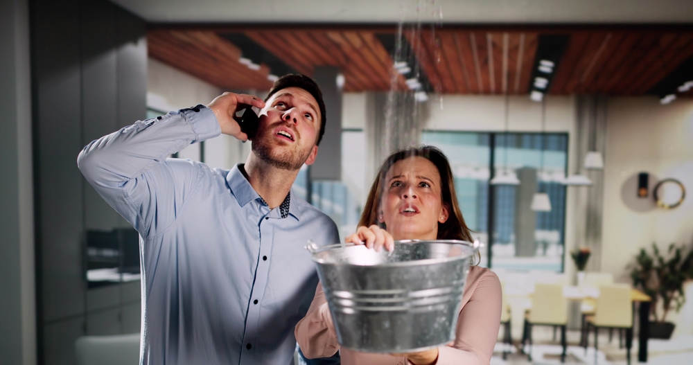 Two people holding buckets under a ceiling leak